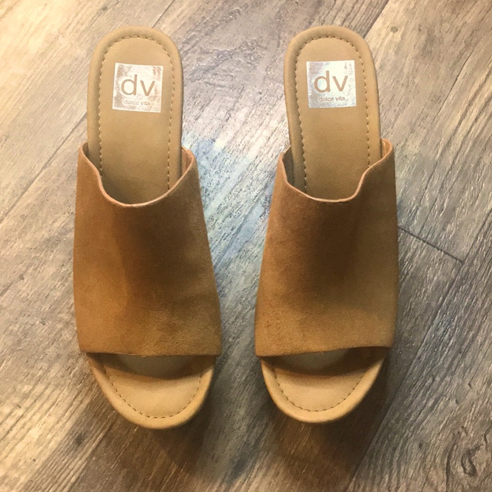 Dolce Vita tan faux suede platform mules